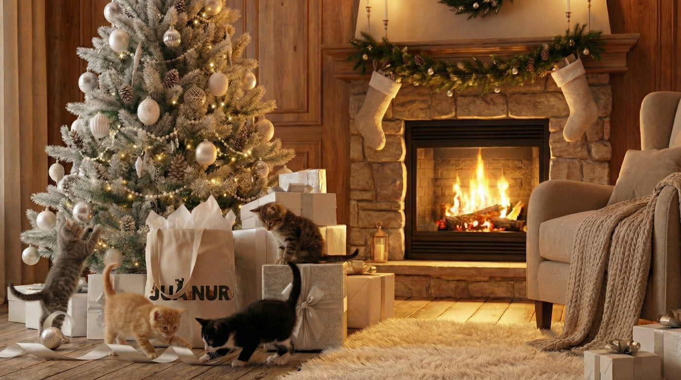 Cozy living room with Christmas tree, fireplace, and gift boxes.