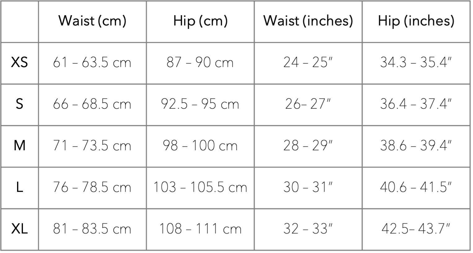 JUA NUR Size Guide